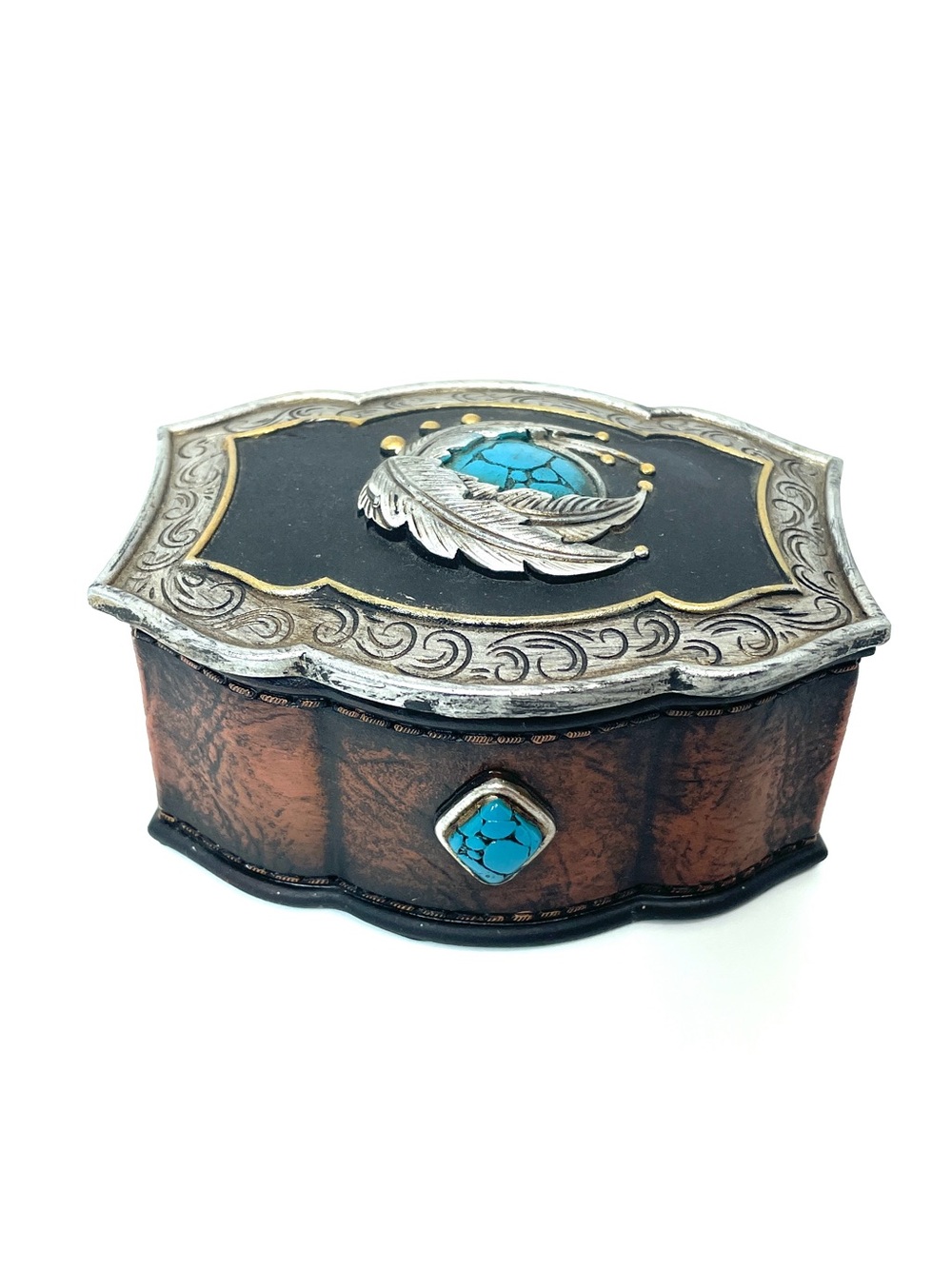 Southwestern Turquoise Rocks Indian Feathers Jewelry Box